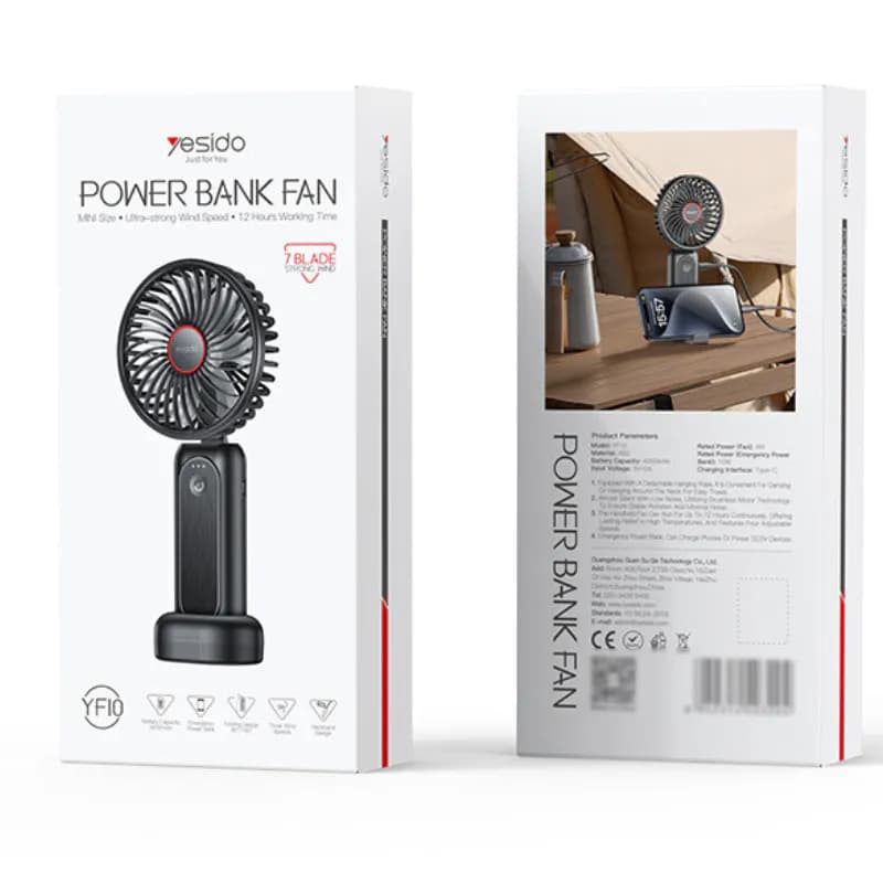 Yesido YF10 – 3-Speed Portable Mini Fan with Built-in 4000mAh Power Bank