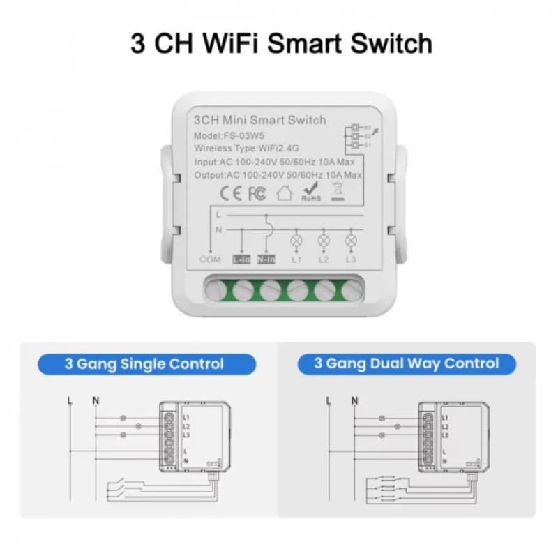 Mini wifi receiver module double switch with neutral 10A compatible with Tuya and Alexa