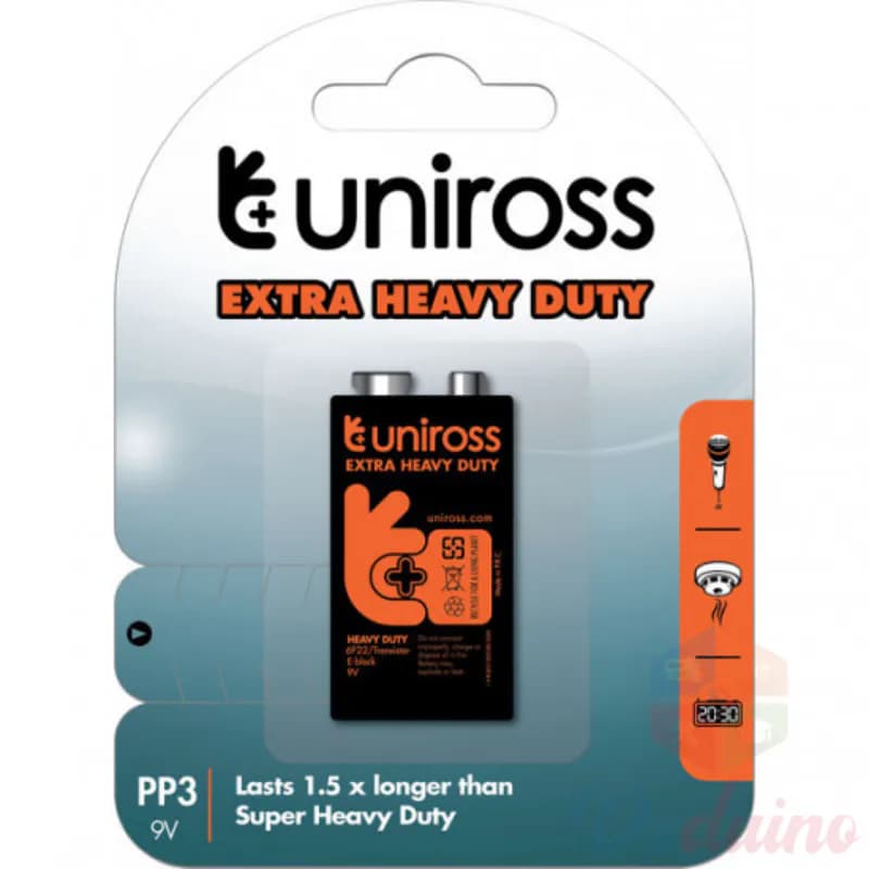 SALINE BATTERIES 9V 6F22 HEAVY DUTY CARBON ZINC BL1 UNIROSS PP3