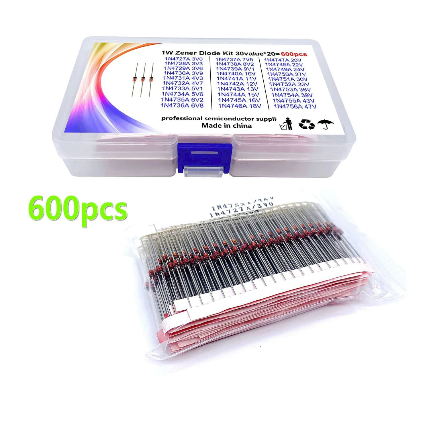 30 kinds of 600 1W Zener crystal glass Zener diodes kit 1N4727(3V0)-4756A(47V) — image 1