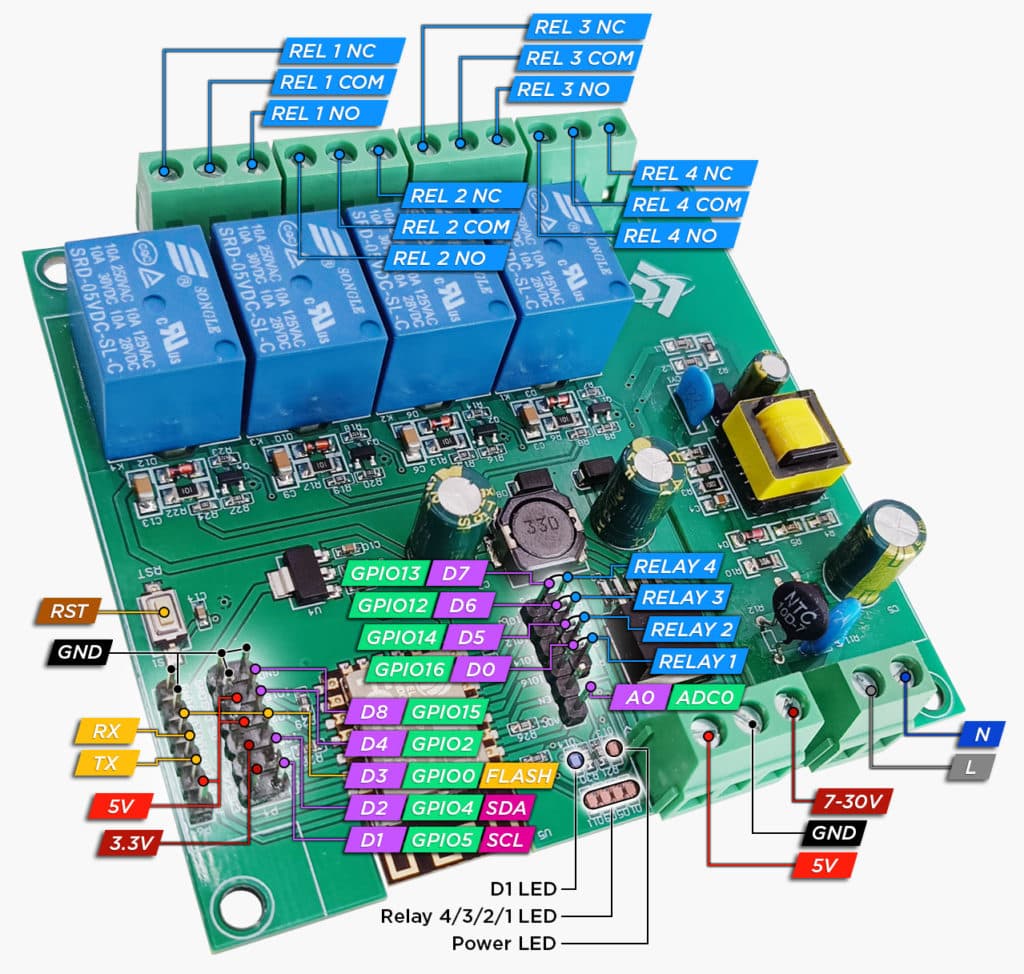 ESP-12F 5V/7-30V/220V 4 Channel Relay Board  — image 1