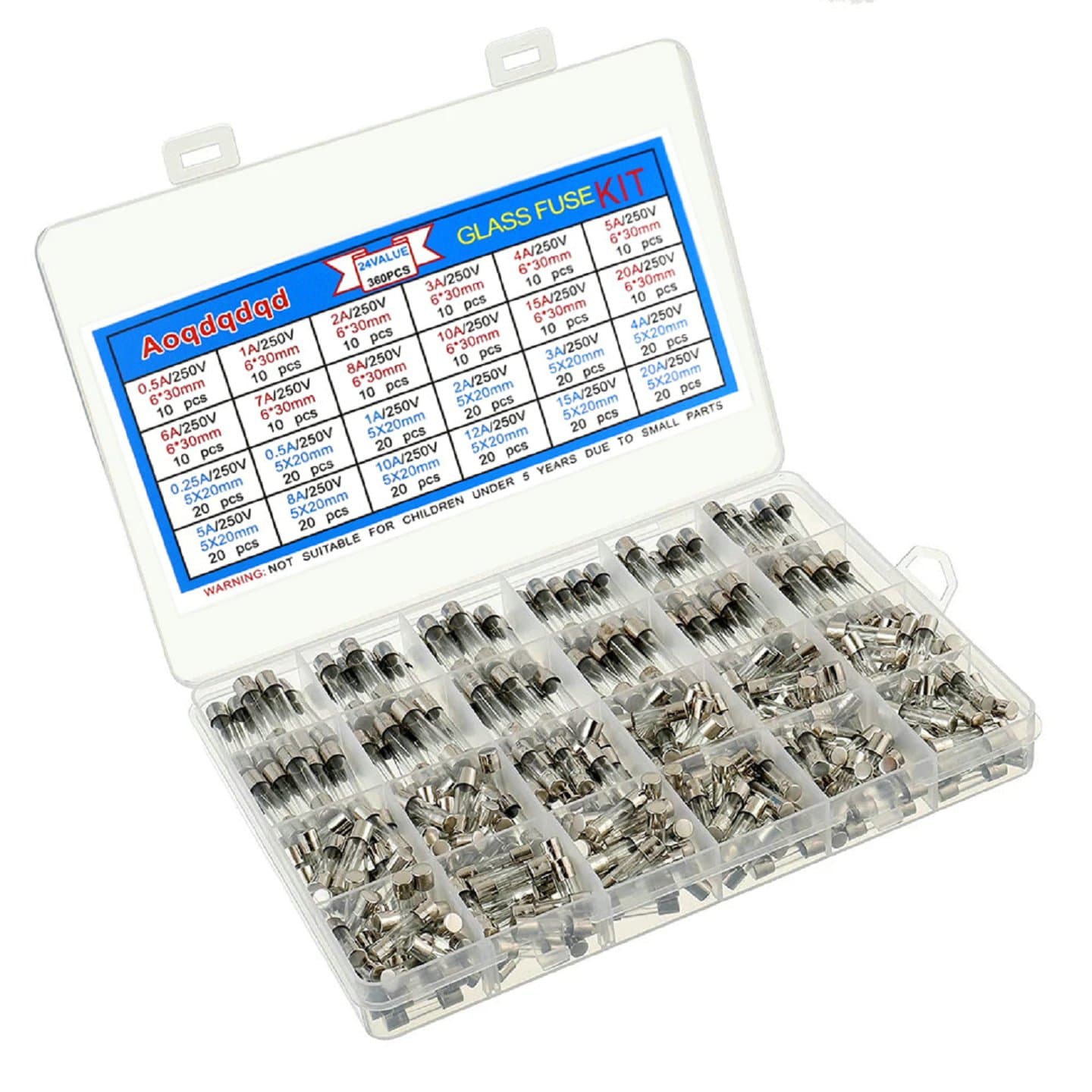 360PCS Glass Fuse Assortment Kit 6x30mm 0.5A-20A + 5×20mm 0.25A-20A — image 1