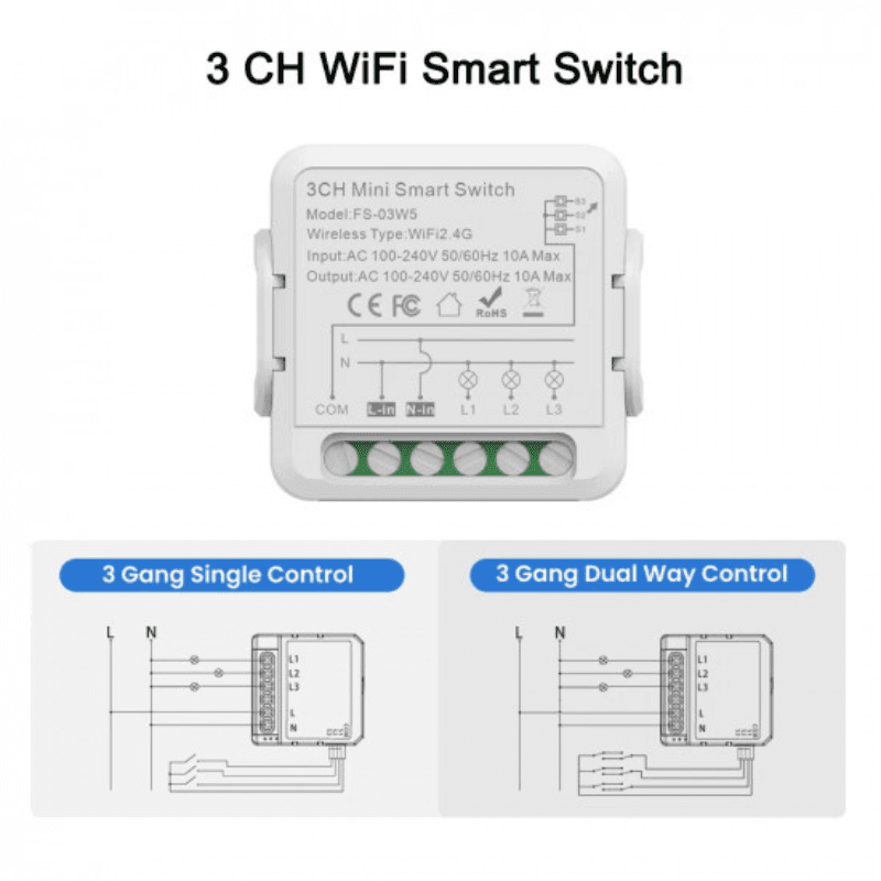 Mini wifi receiver module 3 gang with neutral 10A compatible with Tuya and Alexa — image 1