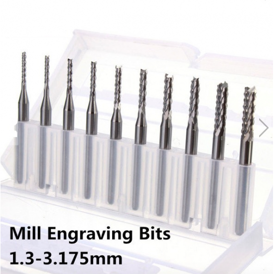 10pcs 1.3mm-3.175mm Carbide End Mill Engraving Bits for CNC PCB