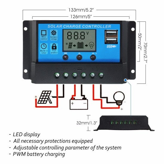 Contrôleur de charge de  panneau solaire  PWM 30A double USB 12V 24V