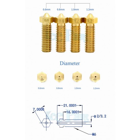 Tete Extrudeuse Volcano, Cuivre 0.6mm, Filament 1.75mm 