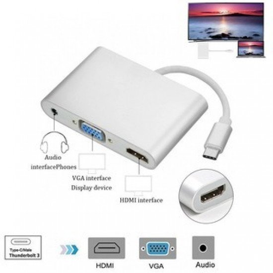 Adaptateur 3 en 1 Type C vers HDMI + VGA + audio 3,5 mm