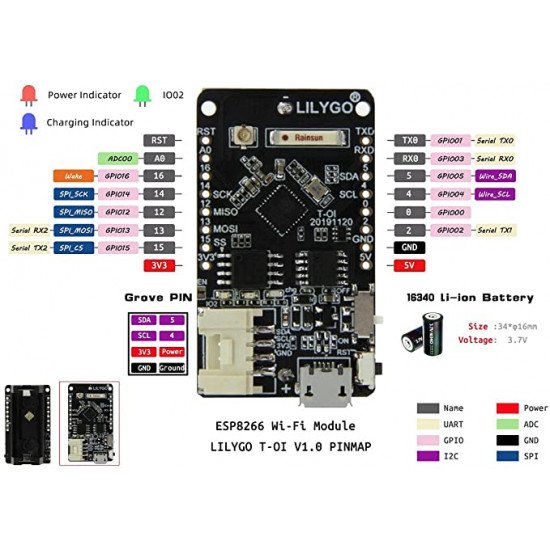 Carte de développement MINI D1 ESP8266  avec support de batterie Rechargeable 16340 