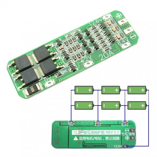 Module BMS Carte de protection 3S 20A 12.6V Cellule 64x20x3.4mm 