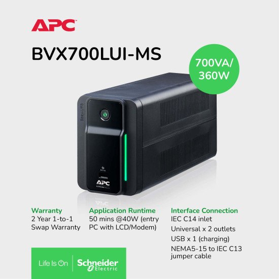 APC Easy UPS BVX 700 VA, 230 V, AVR, chargement USB, prises IEC