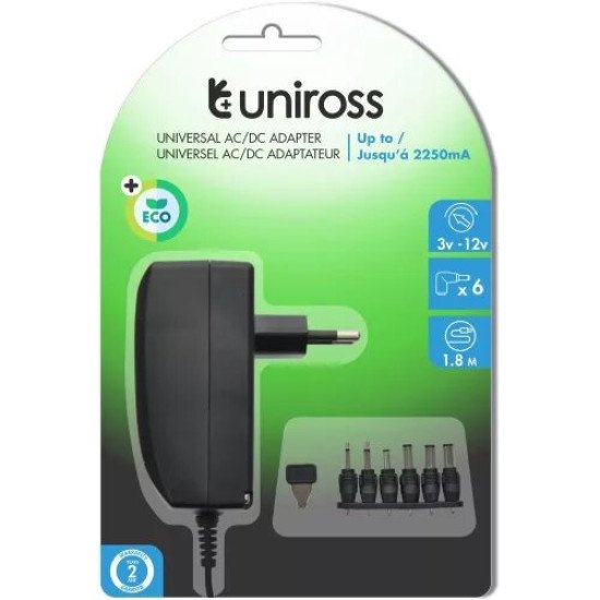 Adaptateur universel Uniross 3-12V, 6 types de connecteurs, 1500mA