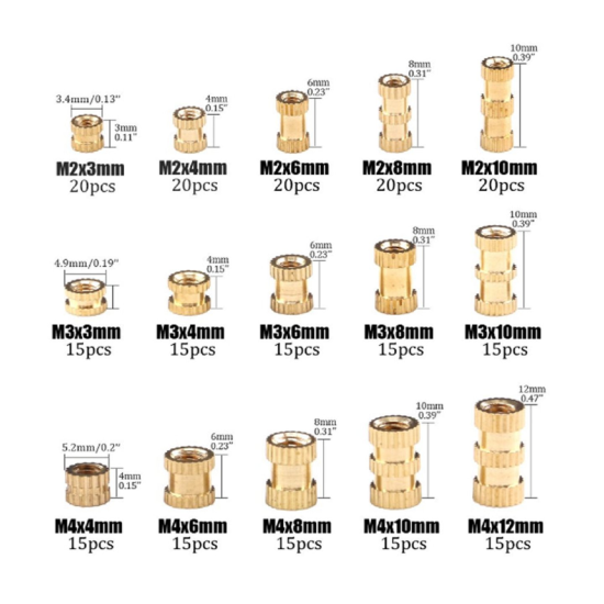 Kit d'assortiment d'ecrou en laiton moleté M2 M3 M4 Femalle 250pcs