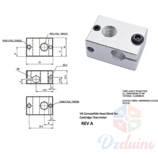 Bloc chauffant en aluminium V6 23*16*12 mm