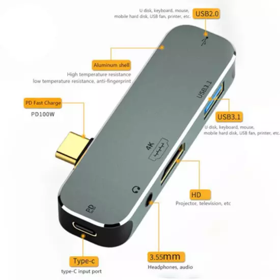 USB-C HUB to 3.5mm/ PD/ USB 3.1/ USB 2.0/ HDMI (YX04-X5)
