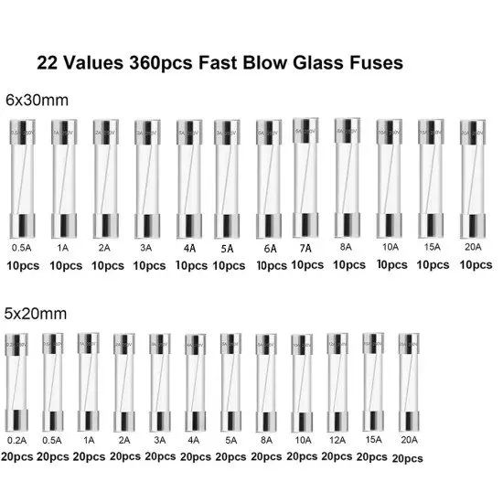 Kit d’assortiment de fusibles en verre 360PCS 6x30mm 0.5A-20A + 5×20mm 0.25A-20A Kit d’assortiment de fusibles en verre 360PCS 6x30mm 0.5A-20A + 5×20mm 0.25A-20A