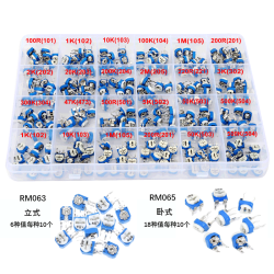 240Pcs/Boîte 24ValuesX10pcs RM065/RM063 Kit d’assortiment de potentiomètres Trimpot 240Pcs/Boîte 24ValuesX10pcs RM065/RM063 Kit d’assortiment de potentiomètres Trimpot