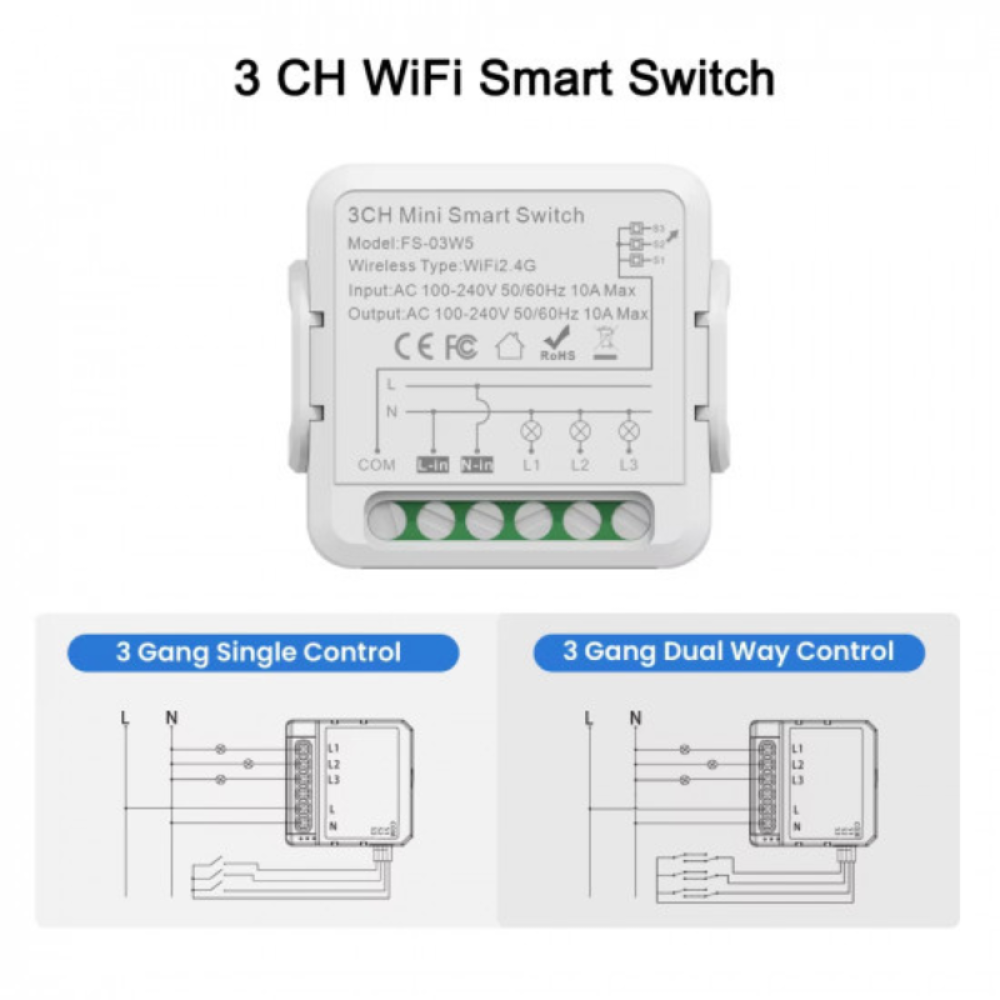 Mini wifi receiver module 3 gang with neutral 10A compatible with Tuya and Alexa
