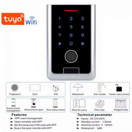 HF10-MF – Clavier de Contrôle d'Accès Wi-Fi Tuya avec Empreinte Digitale et Lecteur MIFARE HF10-MF – Clavier de Contrôle d'Accès Wi-Fi Tuya avec Empreinte Digitale et Lecteur MIFARE